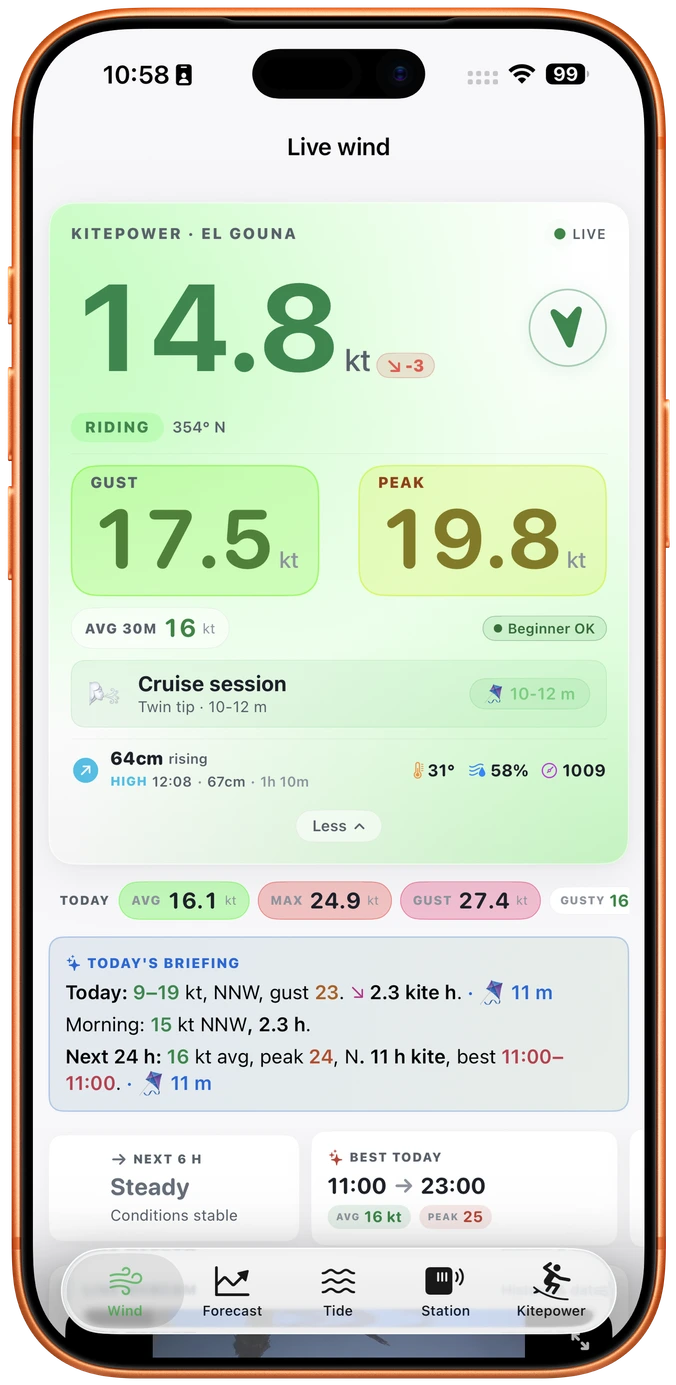 Aplikace Kitepower na iPhonu 17 Pro Max (Cosmic Orange) — živý vítr z plážové stanice v El Gouně