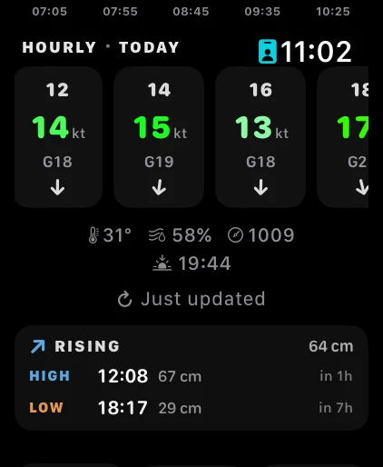 Aplikace Kitepower na Apple Watch (anglicky) — Hodiny + příliv